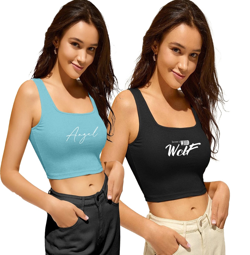 Knite Wolf Women Crop top scoop neck with graphic texture Pack of 2 (Blue & Black)